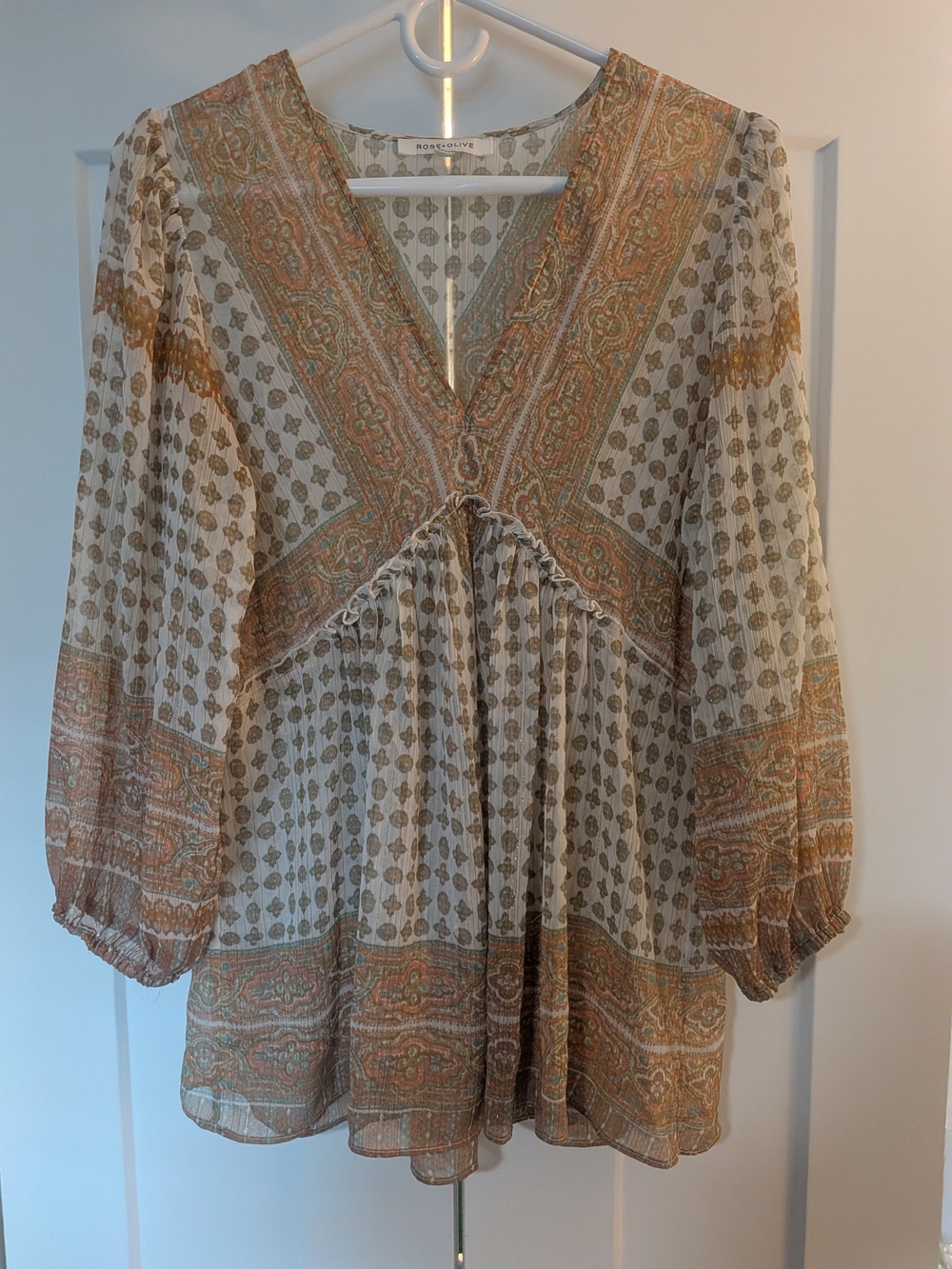 Rose + Olive Sheer Top, Bohemian style, long sleeve, size Small